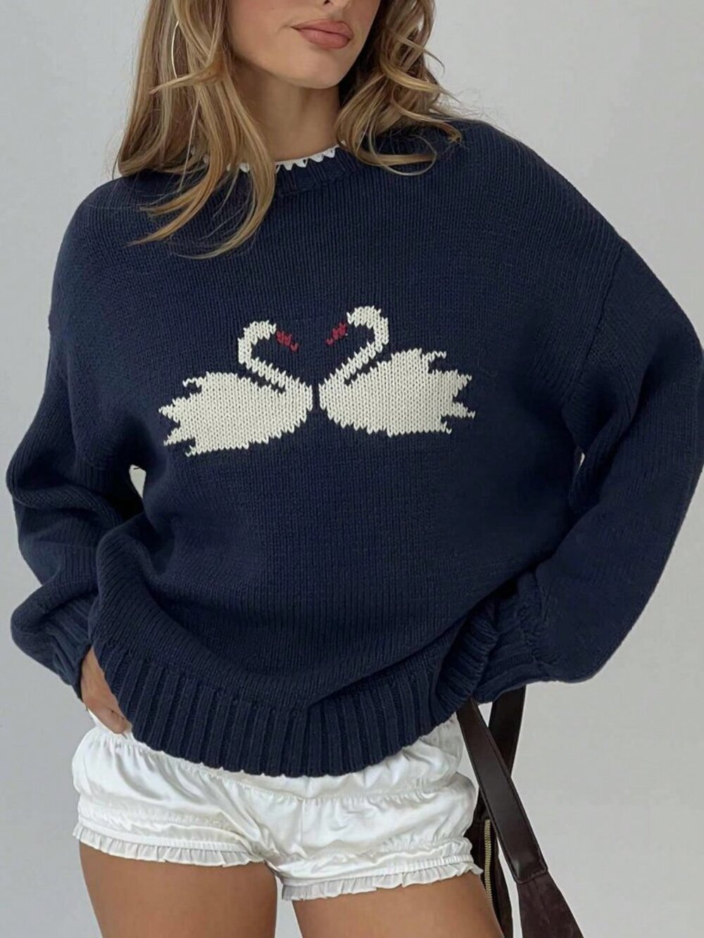 Navy Blue Casual Women's Navy Swan Pattern Pullover Sweater For